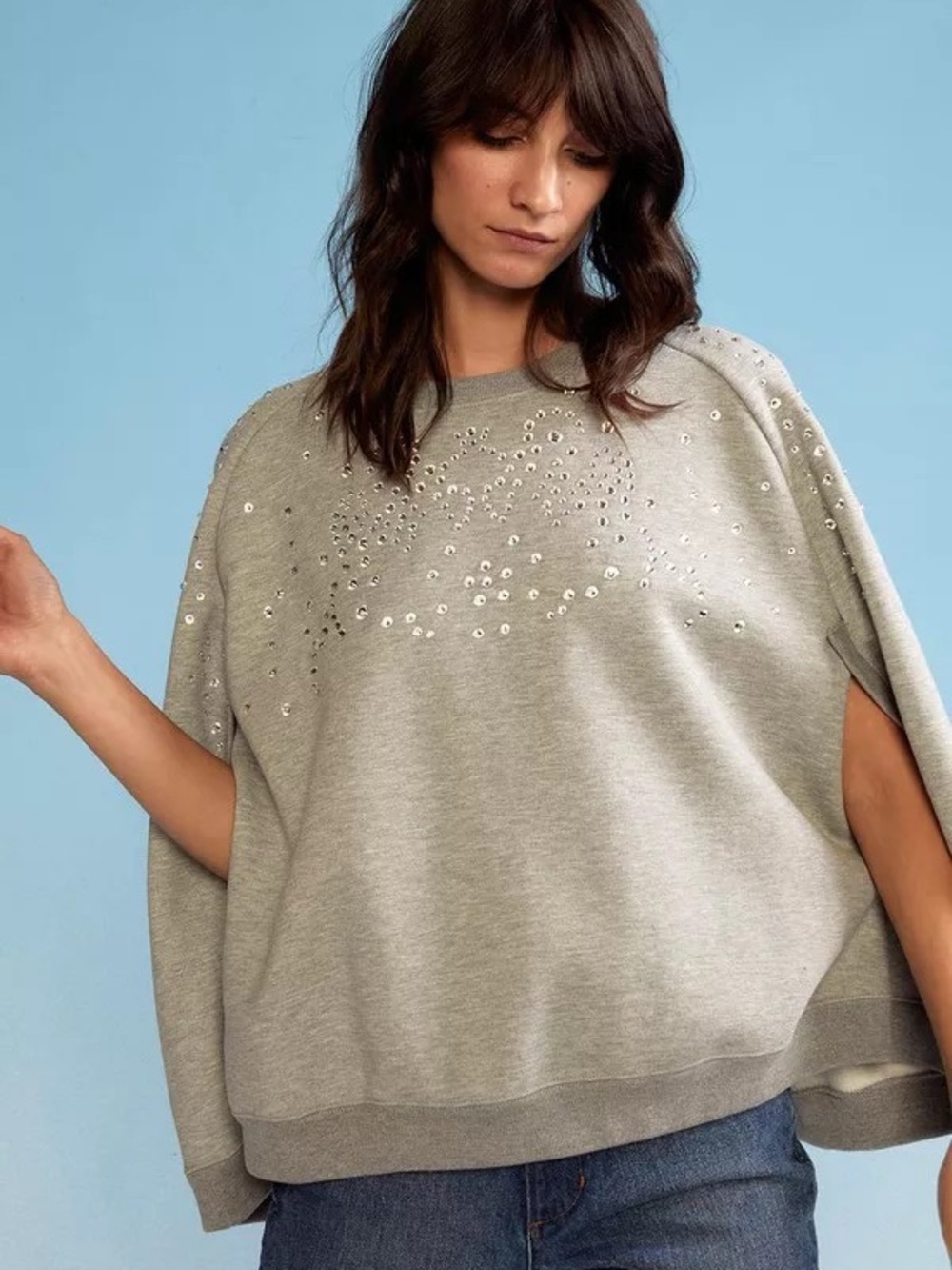 EEC! Cynthia Rowley Gray Embellished Sweatshirt Poncho, XS/S